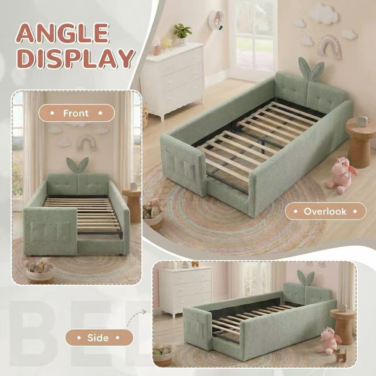 AISWORD Twin Size Kids Bed with Rabbit Ear Headboard, Upholstered Daybed with Slat Support & Side Pockets, Space-Saving Wooden Corner Sofa Bed, Green