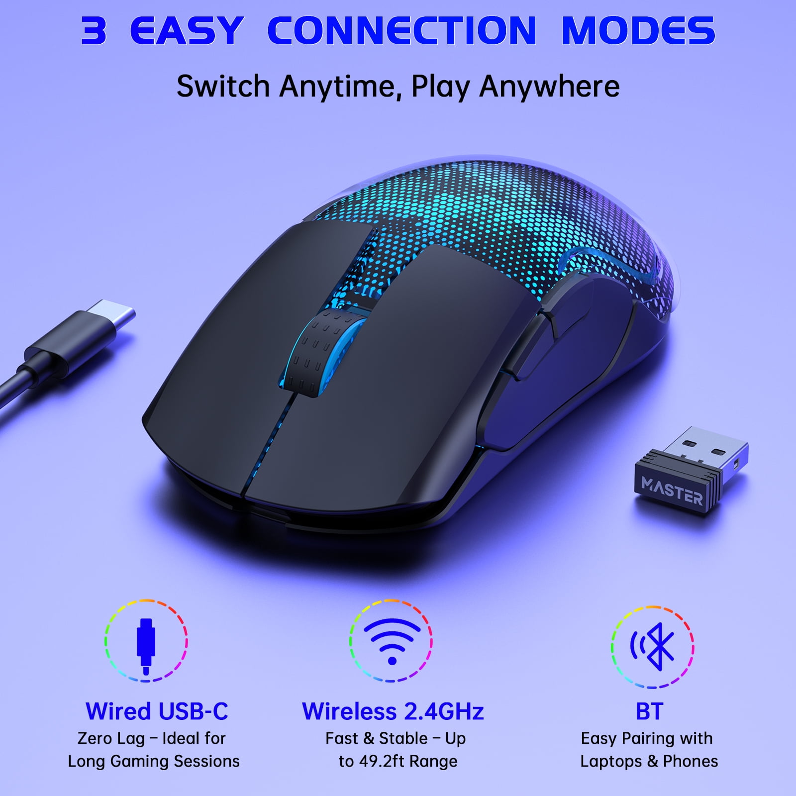 (2 pack) Ecomoment Wireless Gaming Mouse,24000DPI,6 Programmable Buttons,75H Battery Life,RGB,3 Mode(2.4G/BT5.3/Wired),Rechargeable Gaming Mice for PC, PS5, Mac, Laptop, Tablet