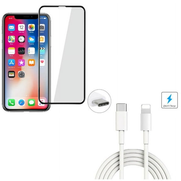 iPhone XS/X - Tempered Glass Screen Protector w 6ft USB Cable - 5D Touch Curved Edge Full Cover Bubble Free Case Friendly 9H Hardness, Type-C to iPhone Charger Power Cord Sync Wire