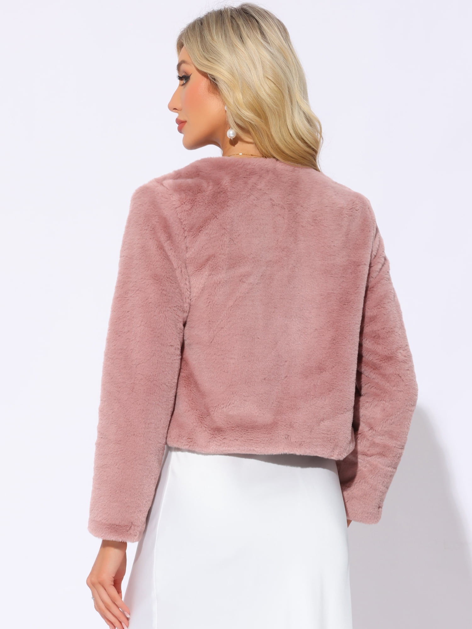 DARING DIVA Women's Faux Fur Cropped Open Front Jacket Bolero Coat S Dusty Pink