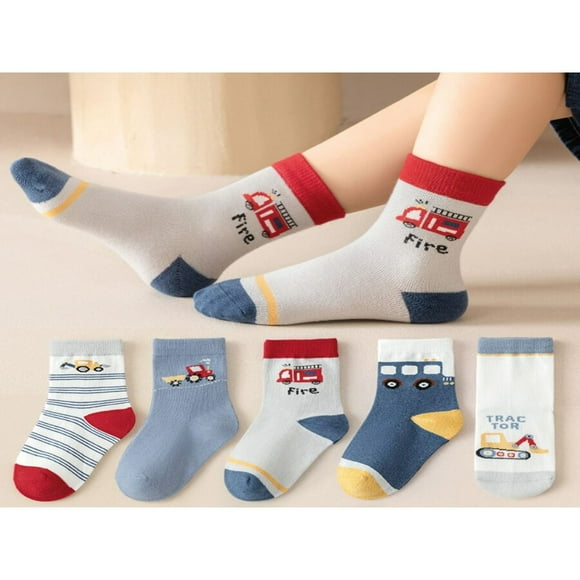 DEELLEEO 5 Paires Chaussettes pour Garçons à Motif de Véhicules de Construction pour Enfants, Dessin Animé, Mode pour Usage Quotidien
