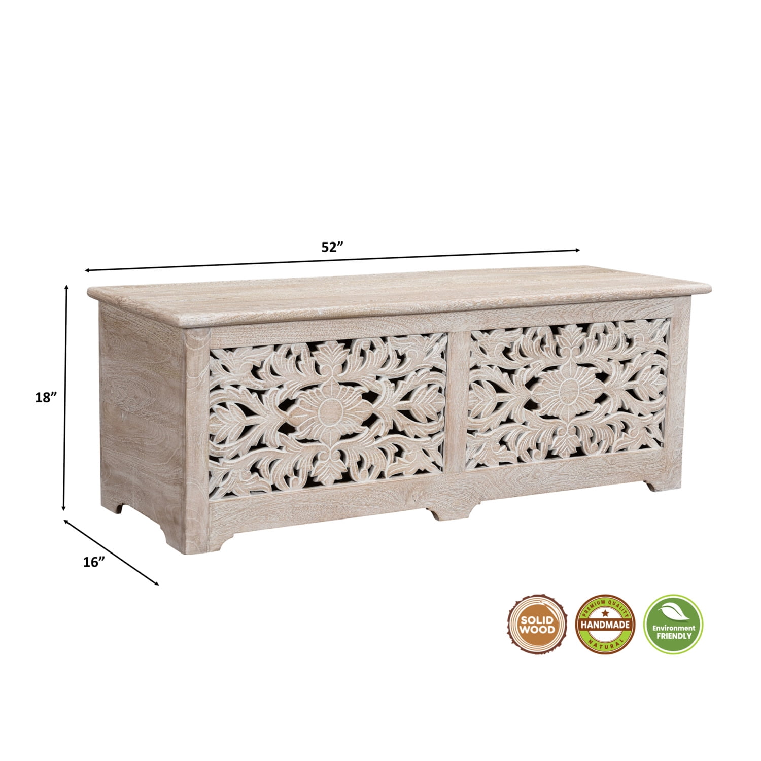 Taran Designs Monte Floral Carved Solid Wood Storage Ottoman in White