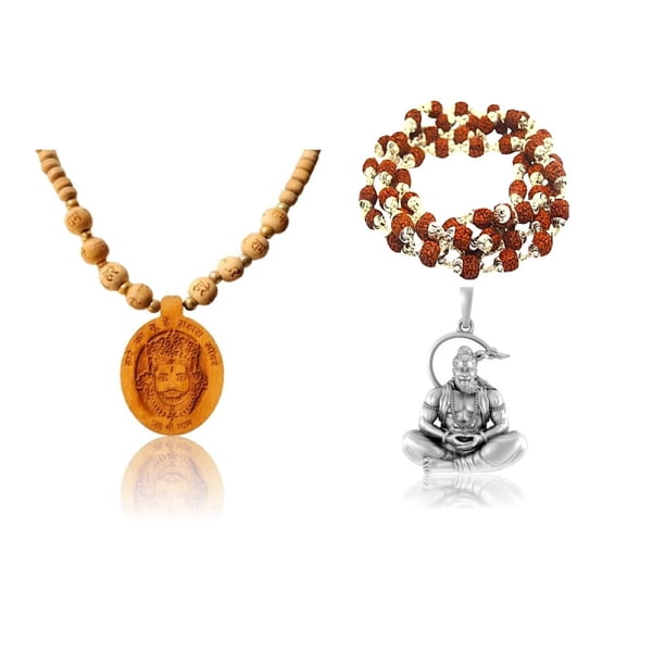 Kamada Combination of Shri KhatuShyam ji round pendant tulsi mala and Hanuman Rudraksha mala,Spritual Pendant Necklace for Women and Men