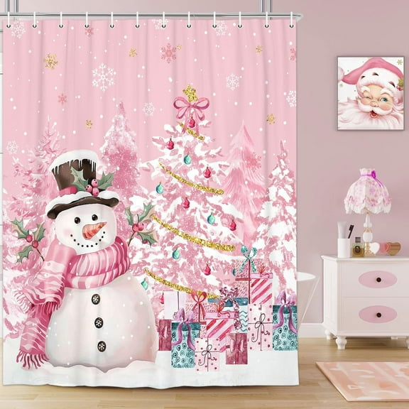 Christmas Pink Snowman Shower Curtain Pink Christmas Bath Curtain with Snowflake Snowy Pine Tree Christmas Tree, Cute Fun Luxury Winter Xmas Holiday Bathroom Decoration 70x70IN