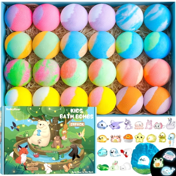 SudsyRoar Bath Bombs for Kids with Surprise Inside – 24 Pack Handmade Bath Bombs with Glow-in-the-Dark Land & Sea Toys, Fizzy Bath Salt Balls, Birthday Party Favors for Boys and Girls