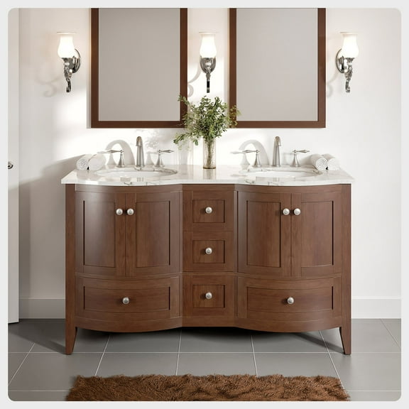 Eviva Stanton 60" Teak Transitional Double Sink Bathroom Vanity w/ White Carrara Top