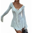 thumbnail image 2 of Women'S Long Sleeve V-Neck Dress Off Shoulder Ruffle Tiered Flowy Bodycon Mini Dresses White M, 2 of 10