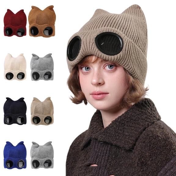 SwiftWear Women's Knit Beanie with Cartoon Goggles, Windproof Warm Earflap Winter Hat Fun & Cozy Outdoor Cold Weather Hat Slouchy Cuffed Beanie​