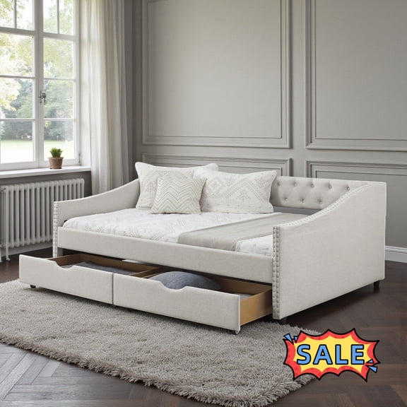 Tcbosik Full Size Upholstered Daybed with 2 Storage Drawers, Linen Fabric Sofa Bed, Wood Slats Support, No Box Spring Needed, Beige
