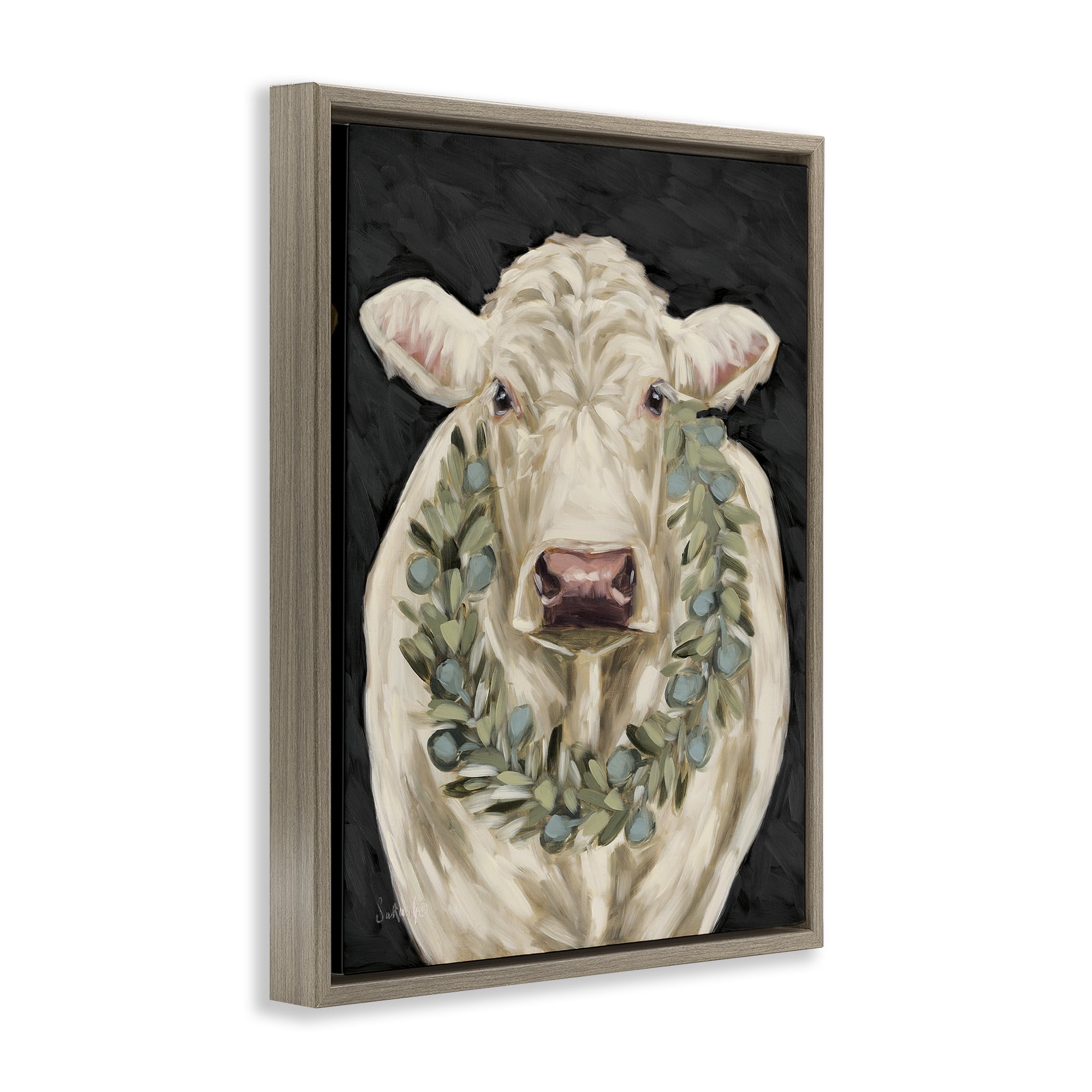 Stupell Industries Cow with Holiday Wreath Holiday Painting Brown Floater Framed Canvas Art Prints Wall Art, 25 x 31
