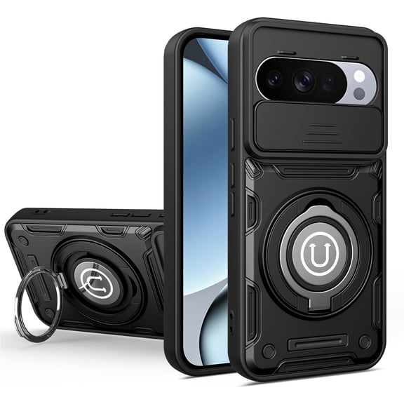 Case for Google Pixel 9 / 9 Pro, 360 Rotating Ring Kickstand Sliding Camera Cover TPU PC Drop Protective Anti-Slip Phone Case with Honeycomb Heat Dissipation Lining, Black