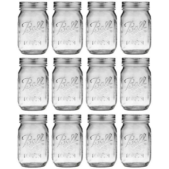 Ball Mason Regular Mouth Pint Jar 16 oz With Lid and Band Preserves And Stores, Glass Material Made in USA, 12-Pack