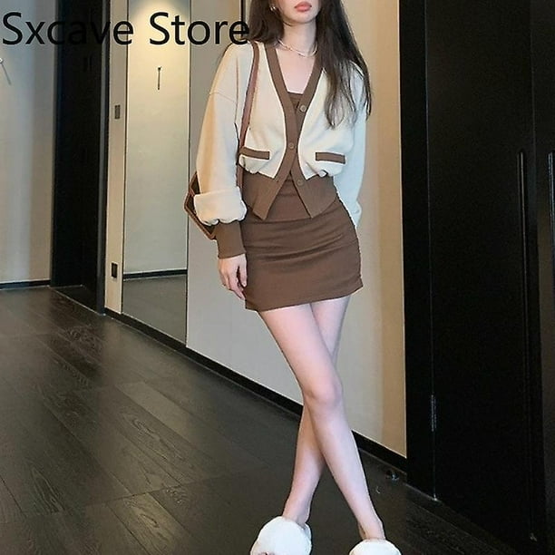 2 Piece Dress Set Women Casual Knit Mini Dress Female Evening