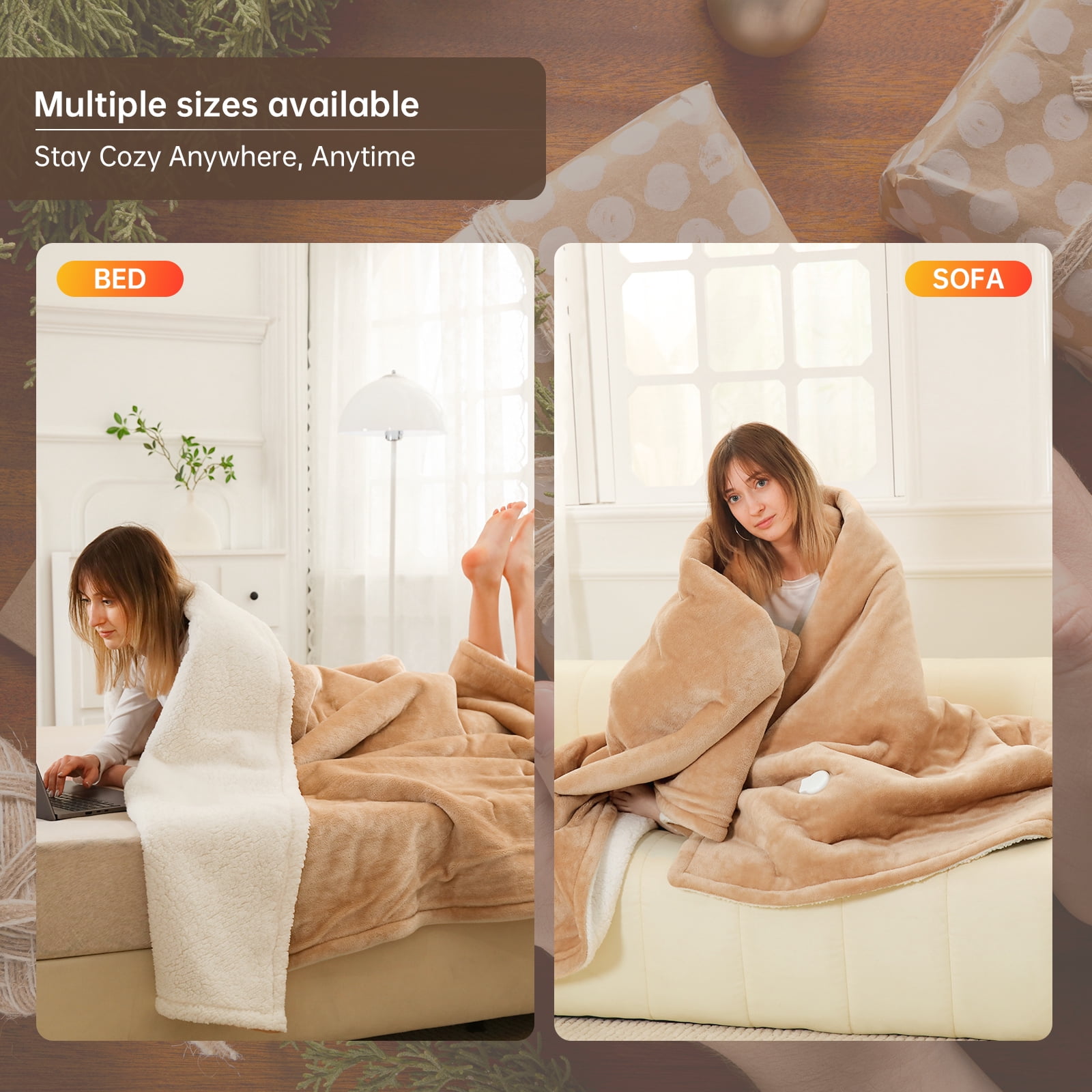 Heated Blanket Throw Size, Washable Heated Throw Blanket Electric, Electric Throw Blanket, Camel, 50" x 60", Blanket Warmer Heating blanket Heat Warming Blanket Electric Blanket Throw Heater