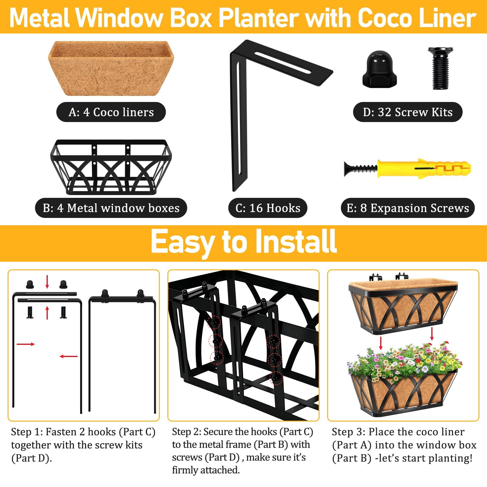 4 16inch Metal Railing Window Box Planter with Coco Liner