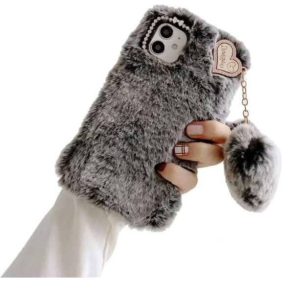 Compatible with Samsung Galaxy A42 5G Case with Plush Ball,Fuzzy Fluffy Soft Warm Love Hairball Pendant Faux Rabbit Fur Case TPU Back Cover with Chic Bow-Knot,Gray