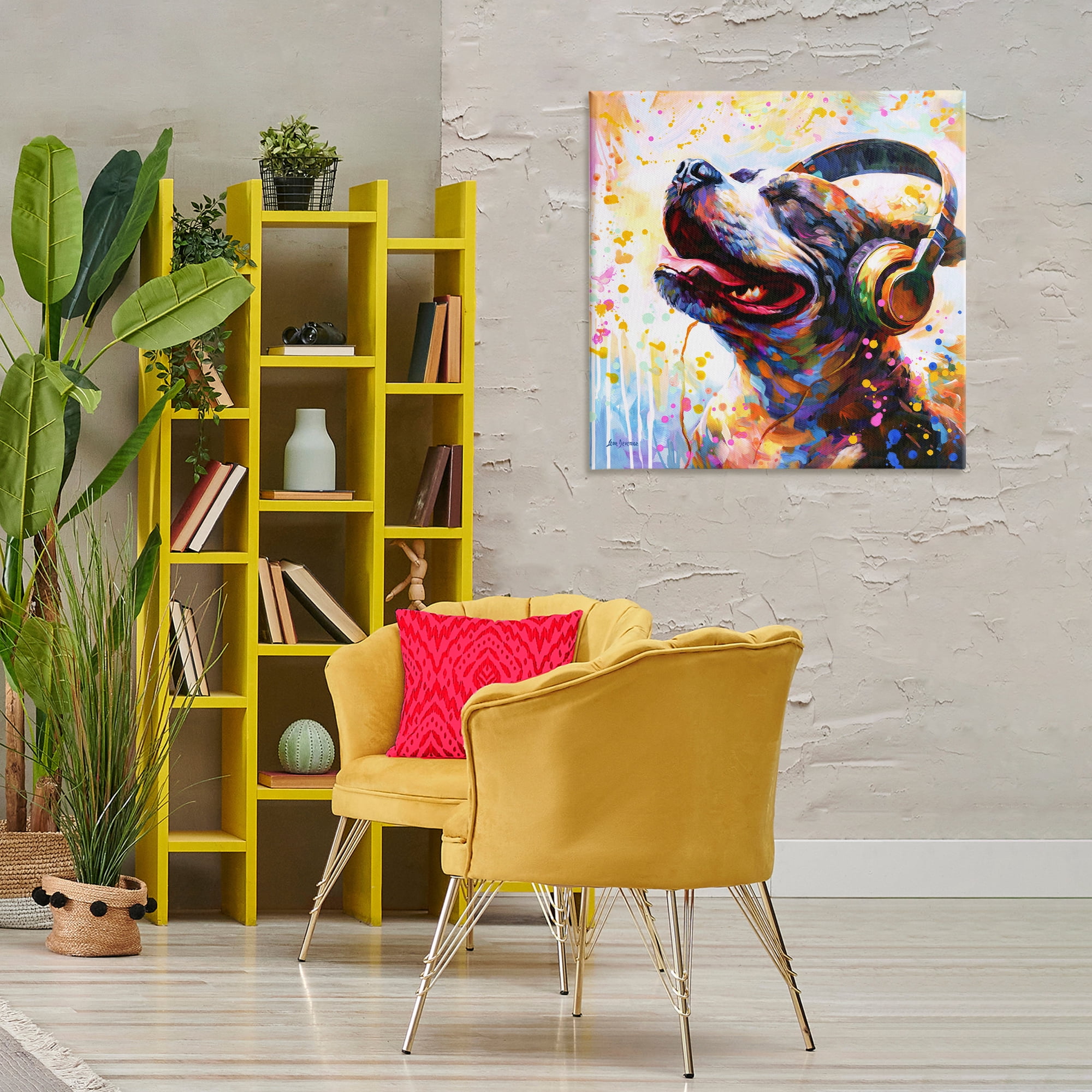 Stupell Industries Happy Dog & Headphones Animals & Insects Painting Gallery Wrapped Canvas Art Print Wall Art, 30 x 30