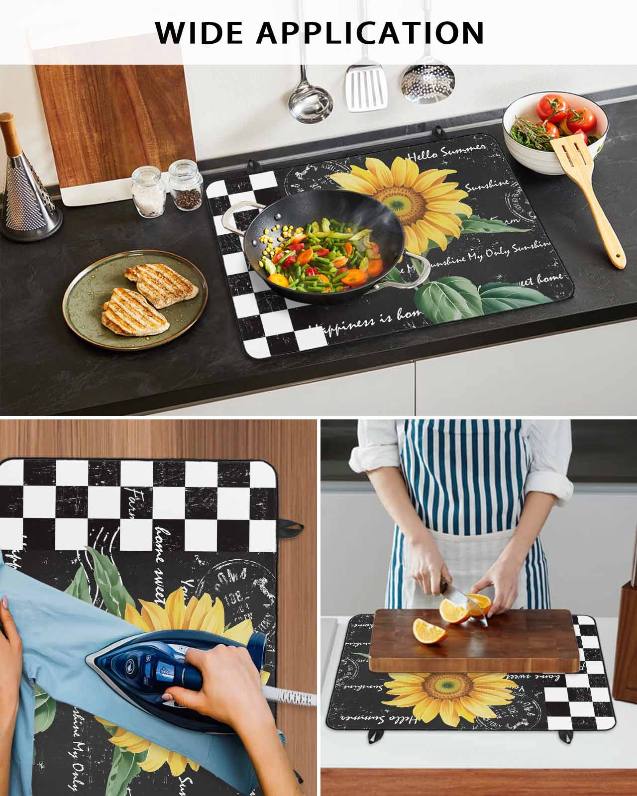 Large Induction Cooktop Protector Mat Sunflower Stove Top Covers for Electric Stove, Yellow Floral Black White Plaid Watercolor Decorative Stove Burner Cover Mats, Glass Top Stove Cover