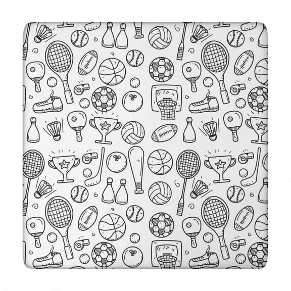 Doodle Sports Icons Pattern Square Fitted Tablecloth with Elastic Edge,Square Table Cover,Washable Elastic Table Cover for Home Kitchen Party Decor 34"x34"