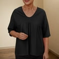 thumbnail image 2 of New Summer Arrivals Olyvenn 3/4 Length Sleeve T-Shirt for Women Plus Size Fashion Ruffle Sleeve Pleated Top V Neck Solid T-Shirt Casual Loose Blouse Tops Black M, 2 of 7