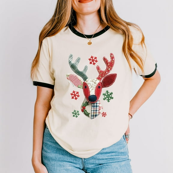 Reindeer Patchwork Print - Women's Ringer Tee