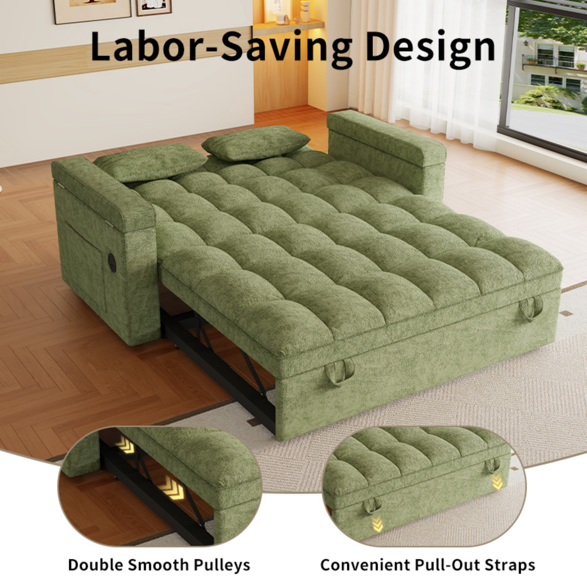 DEALTOPS 65" Chenille 3-in-1 Pull Out Sleeper Sofa Bed, Loveseat Couch with Tray Table & USB, Green