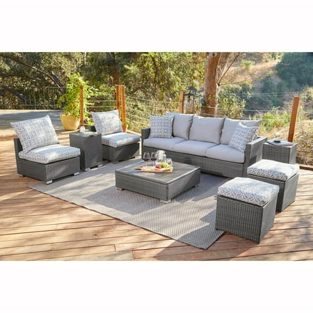 Handy Seat - Handy Living Aldrich Grey Indoor/Outdoor 8 pc Seating Group with Grey and Taupe Cushions
