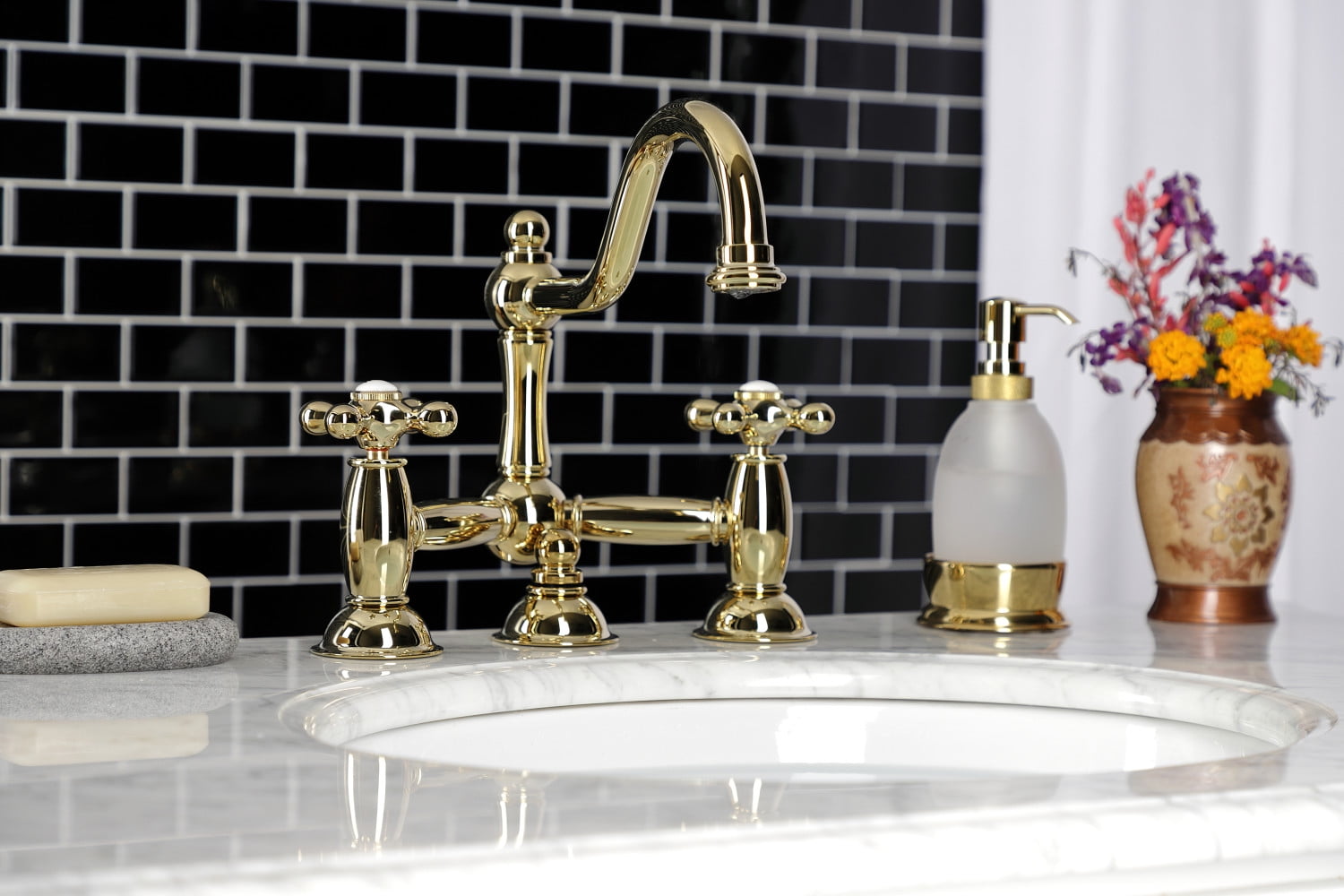 Kingston Brass KS3912AX Restoration Bathroom Bridge Mounted Faucet, Polished Brass