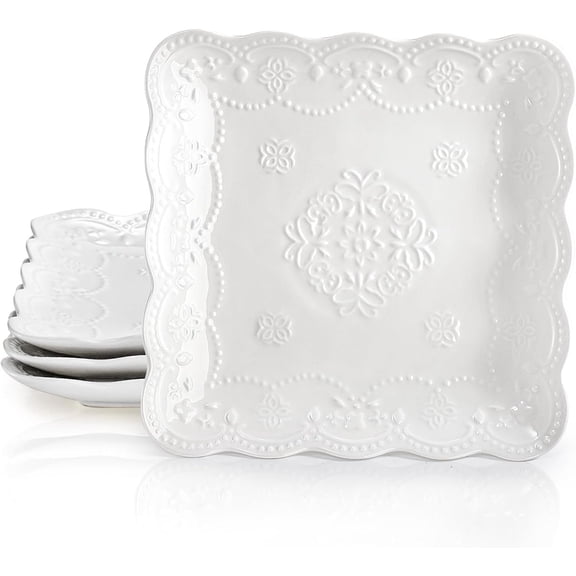 Set of 4 Square Embossed Ceramic Plate, 10 Inch Elegant Dinner Plates White, Appetizer Salad Serving Plates Kitchen Plates for Christmas Afternoon Banquet Wedding Party Steak Pasta