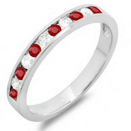18K White Gold Round Ruby And White Diamond Ladies Anniversary Wedding Stackable Ring Band