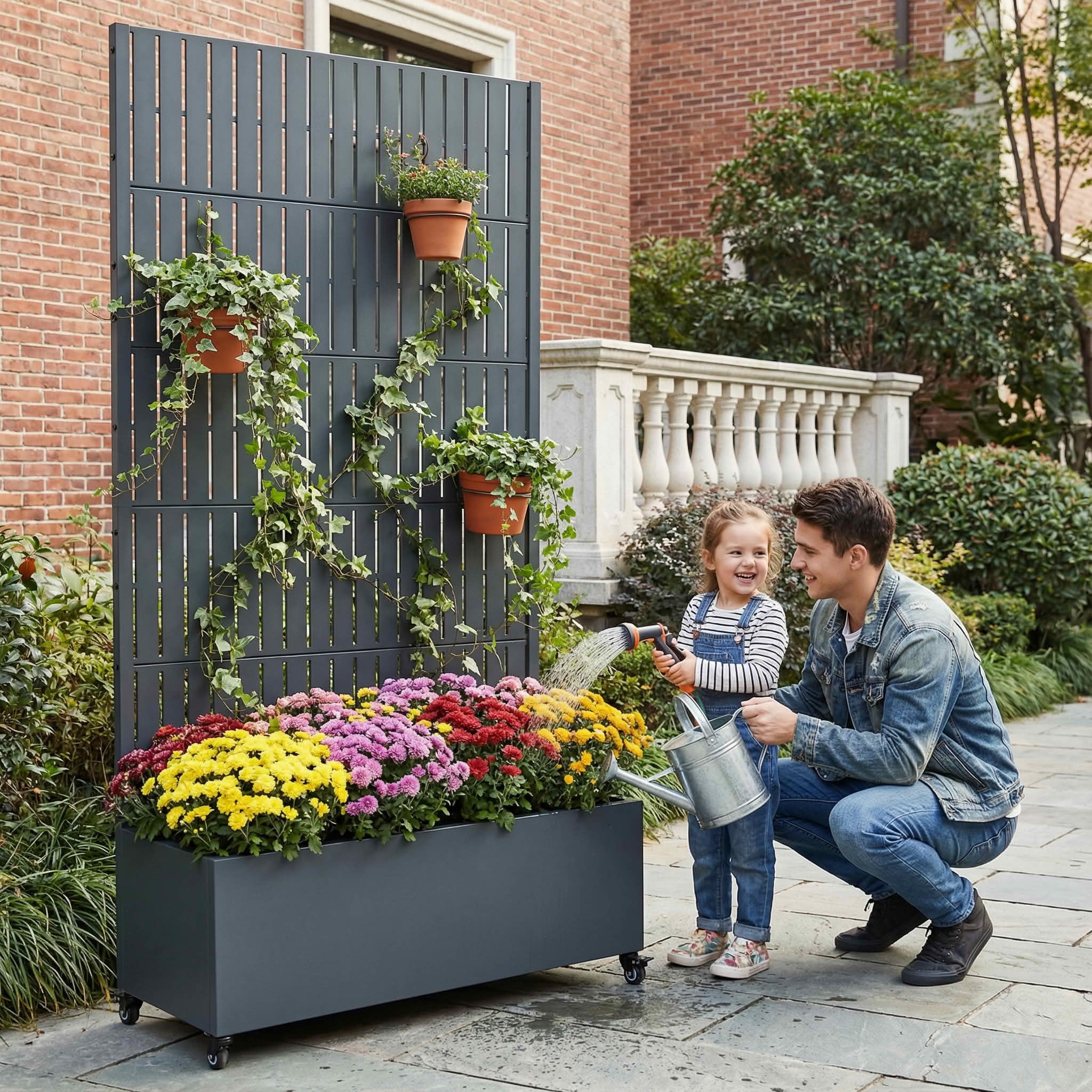 MAYEERTY 72X35" Metal Outdoor Cambrian Gray Privacy Screen with Planter Box for Backyard & Garden, 5 Piece Set