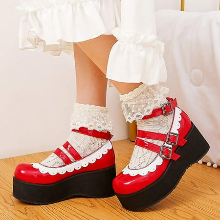 

Women s Ladies Fashion Vintage Lace Platform Wedges Buckle Up Leather Shoes