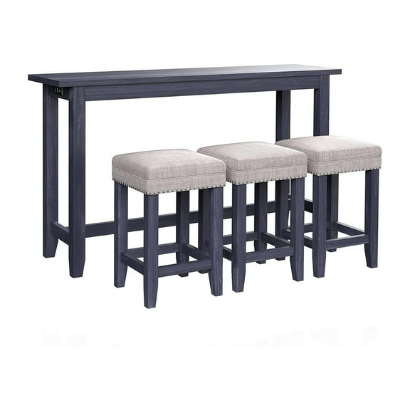 Eala 4 Piece Counter Height Table and Stool Set Blue Wood Gray Fabric