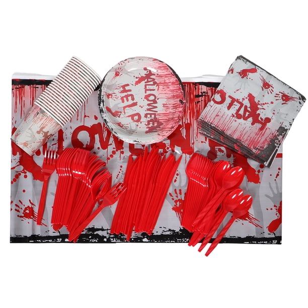1 juego de vajilla desechable con estampado de mano ensangrentada de Halloween, vajilla de fiesta de miedo para fiesta temática de terror, incluye platos, cubiertos, vasos, servilletas y mantel