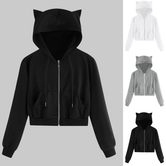 Meichang Cropped Zip Up Hoodies for Women Lightweight Long Sleeve Casual Cat Ear Hooded Sweatshirt with Pockets Loose Fit Workout Hoodie for Teen Girls