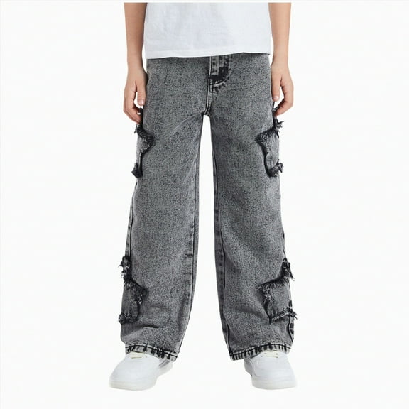 UAYOTSE Boys Baggy Jeans for Kids Teen Casual Straight Wide Leg Cargo Jeans Y2K Loose Elastic Waist Denim Pants Trousers with Pockets(Grey&2,9-10 Years)