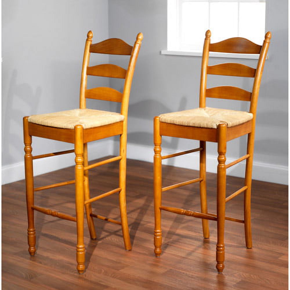 TMS 30" Indoor Ladder Back Bar Stool with Rush Seat, Set of 2, Oak