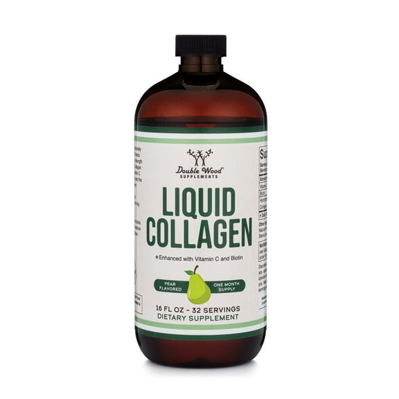 Double Wood Supplements Liquid Collagen - 2500mg of Hydrolyzed Bovine Collagen - 32 Servings of Liquid Collagen for Women and Men - 30 mcg of Biotin - Sugar Free Pear Flavor