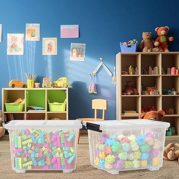 30 L Plastic Clear Storage Bin with Wheels, Plastic Latching Bins with Lids, 4 Packs