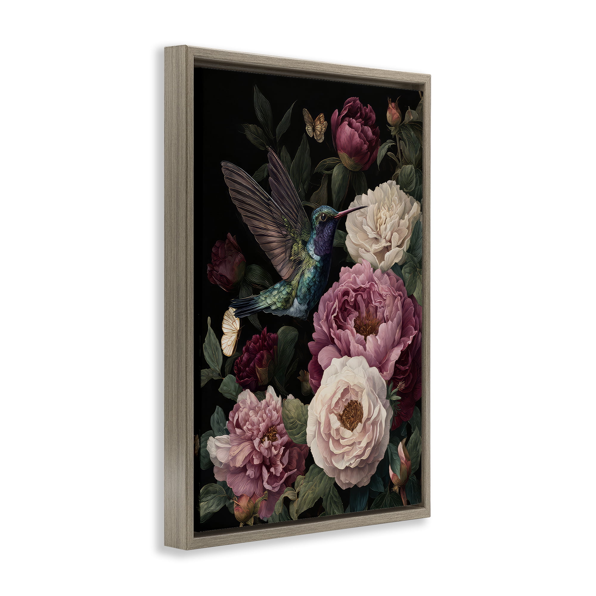 Stupell Industries Hummingbird & Lush Peonies Brown Framed Floater Canvas Wall Art, design by The Wands Want