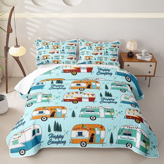 Erosebridal Colorful Camper Twin Quilt Set for Boys Girls, Happy Camping Theme Twin Coverlet Set, 2-Piece 1 Bedspread and 1 Pillowcase