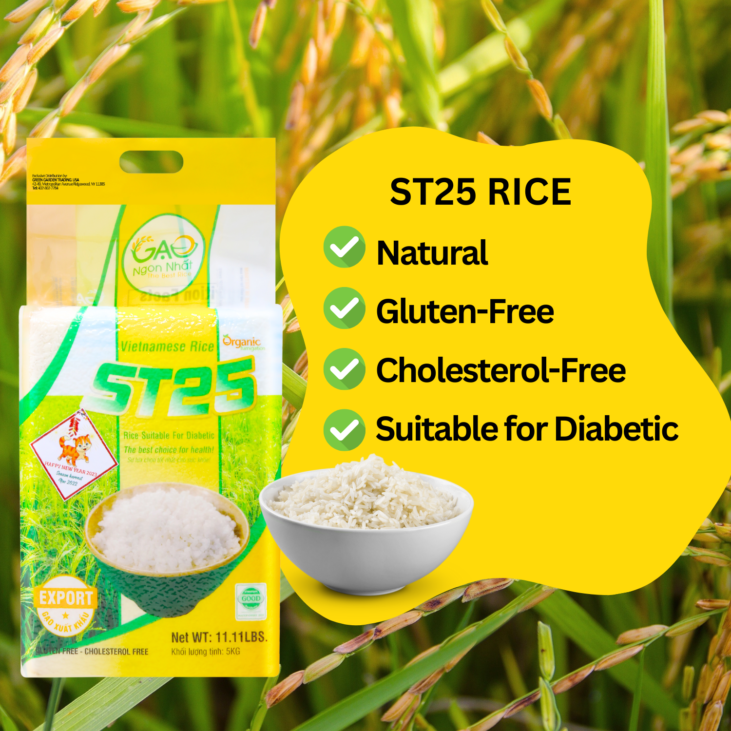 Gao Ngon Nhat Organic ST25 Vietnamese Rice, Gluten and Cholesterol Free, Suitable for Diabetic ST25 11 LBS (5KG)