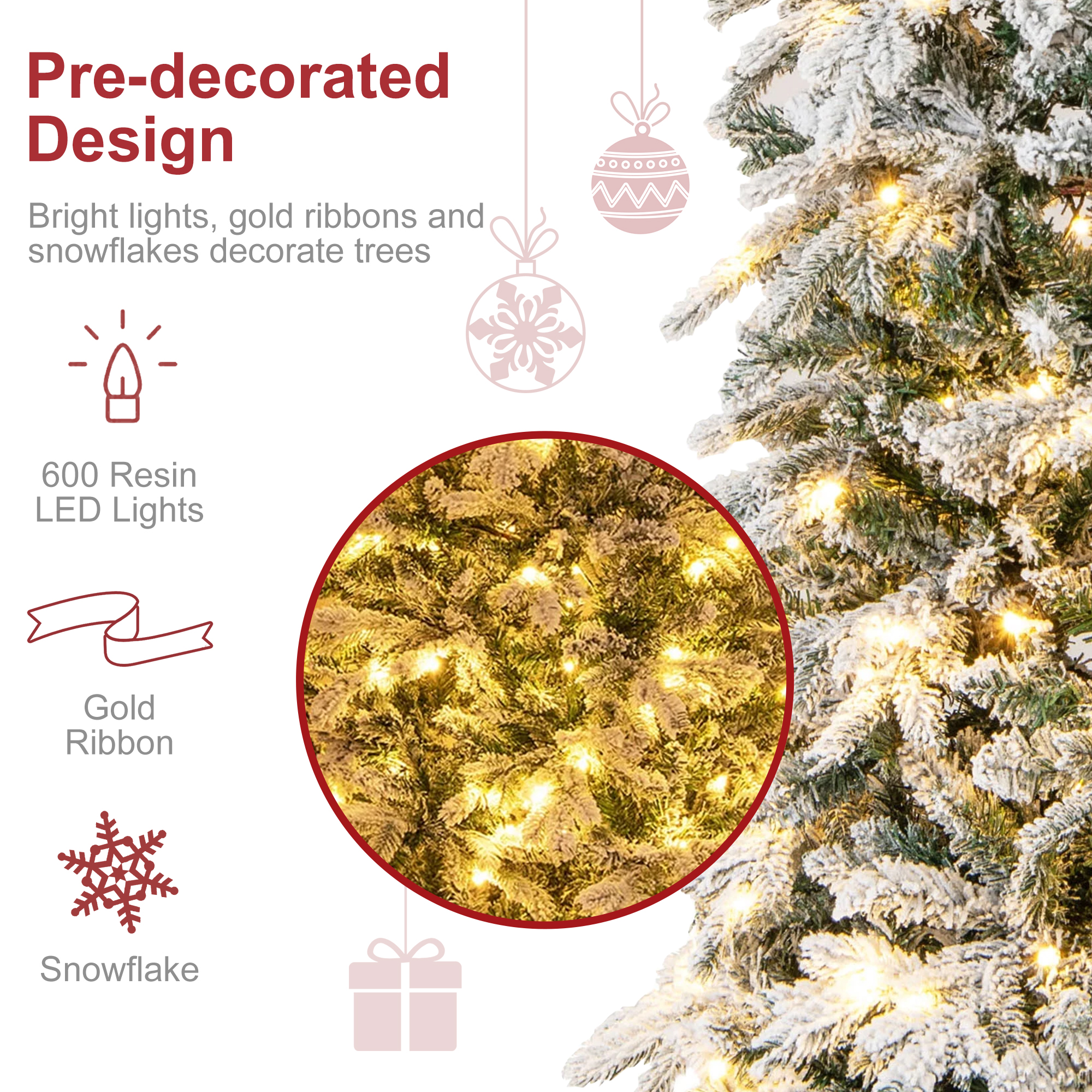 Firstness 7.5ft Pre-Lit Artificial Christmas Tree with 600 LED Lights,Snow Flocked Xmas Tree