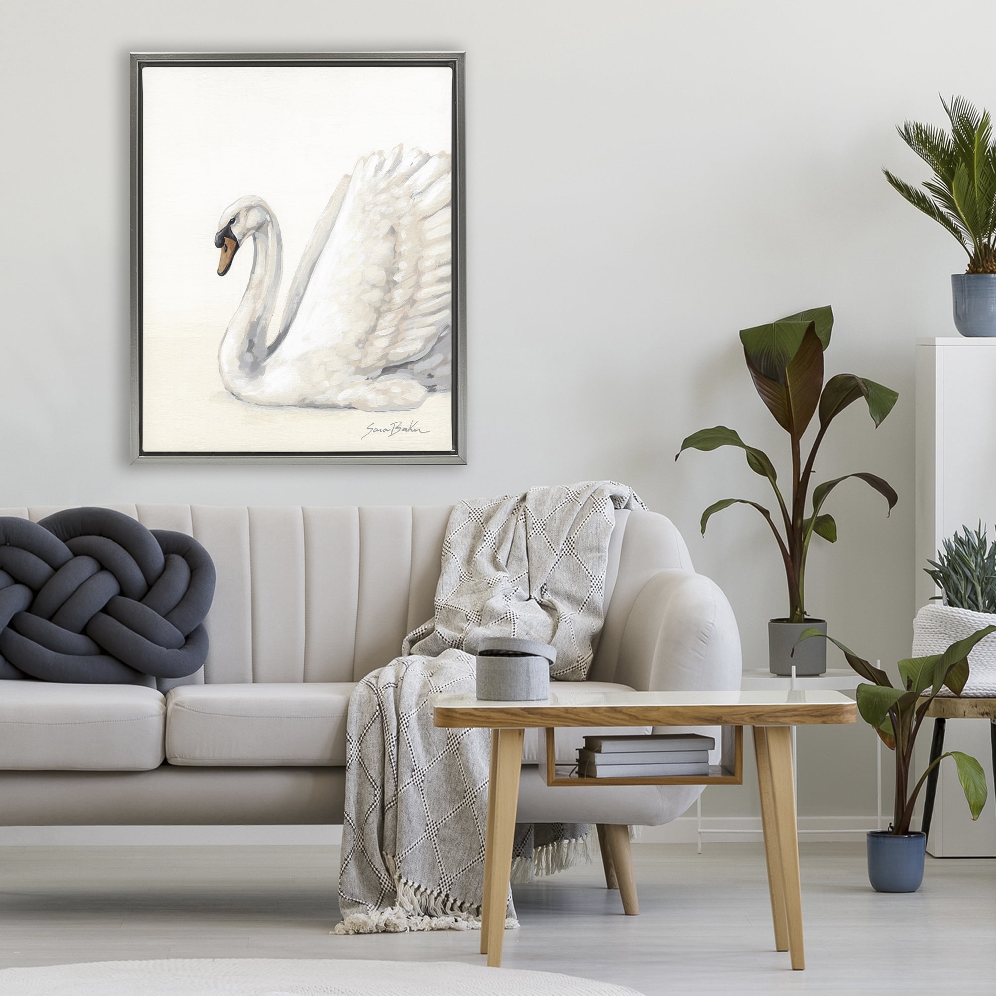 Stupell Industries White Swan in Repose Gray Framed Floater Canvas Wall Art, design by Sara Baker