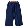 thumbnail image 4 of Petite Capris Pants for Women Cotton Linen Casual Summer Straight Wide Leg Loose Pull on Below Knee Drawstring Elastic Waist Cropped Trouser Navy M, 4 of 5