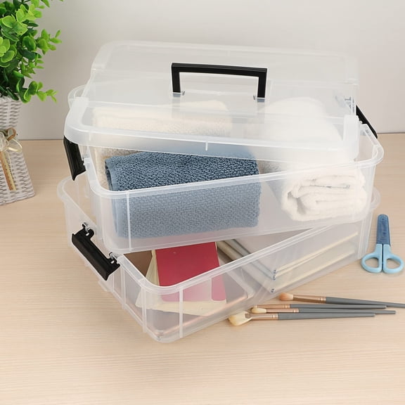 2-Tiers Stack Carry Storage Box With Handle, Transparent Stackable Storage Bin With Handle Lid Latching Storage Container for Office Supplies