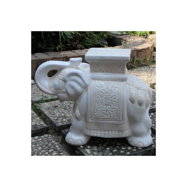 Taburete International Caravan grande de porcelana con forma de elefante blanco