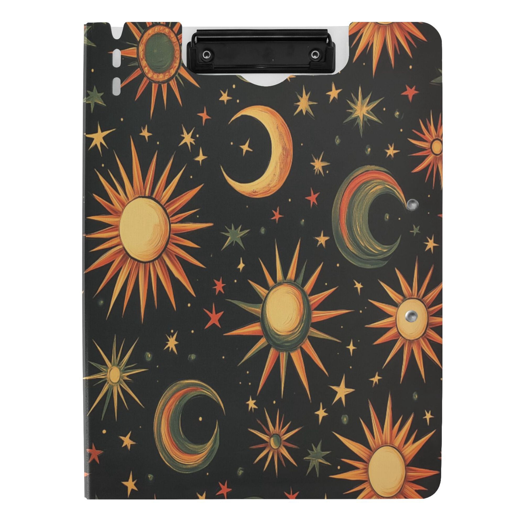 FORMRS A4 Clipboard Folder with Pen Holder Horizontal Foldable School Office Binder, Sun Moon and Stars Pattern