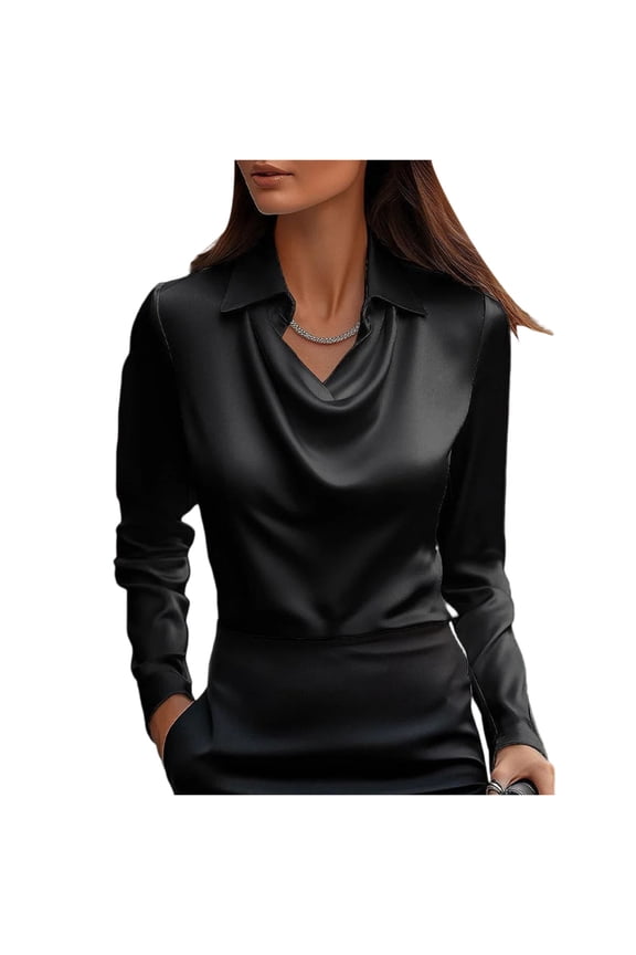 Satin Blouses for Women Dressy Business Casual Tops Elegant Cowl Neck Long Sleeve Work Shirt Black 2XL