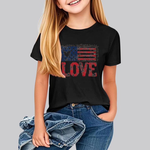 hengsof T-Shirt Imprimé Patriotique pour Filles à Thème Patriotique, Ample et Confortable, à Manches Courtes, Col Ras du Cou, Haut Convenant aux Enfants, Tailles 2-13 Ans